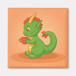 Imán Cute Baby Dragon Holding Cup on Orange