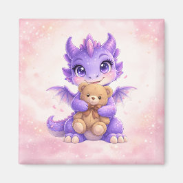 Imán Cute Baby Dragon Hugging Teddy Bear Square Magnet