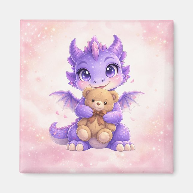 Imán Cute Baby Dragon Hugging Teddy Bear Square Magnet (Frente)