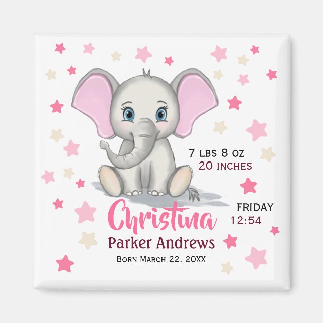 Imán Cute Baby Elephant with Pink Ears Girl Birth Stats (Frente)
