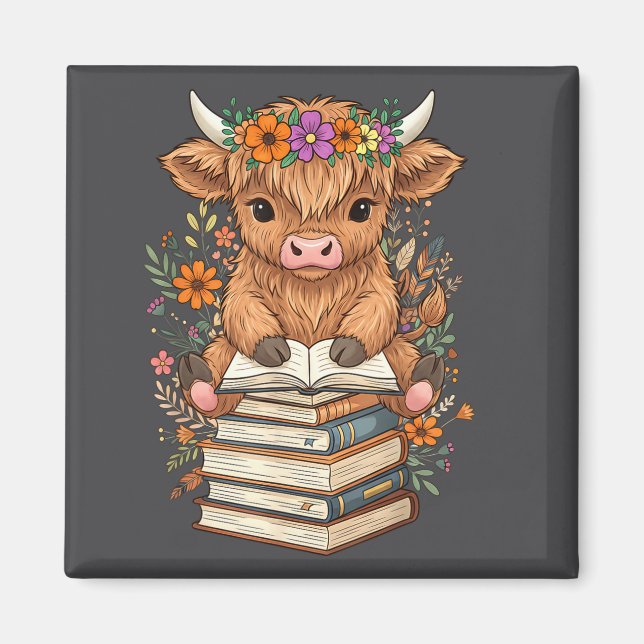 Imán Cute Baby Highland Cow Reading Book Librarian Book (Frente)