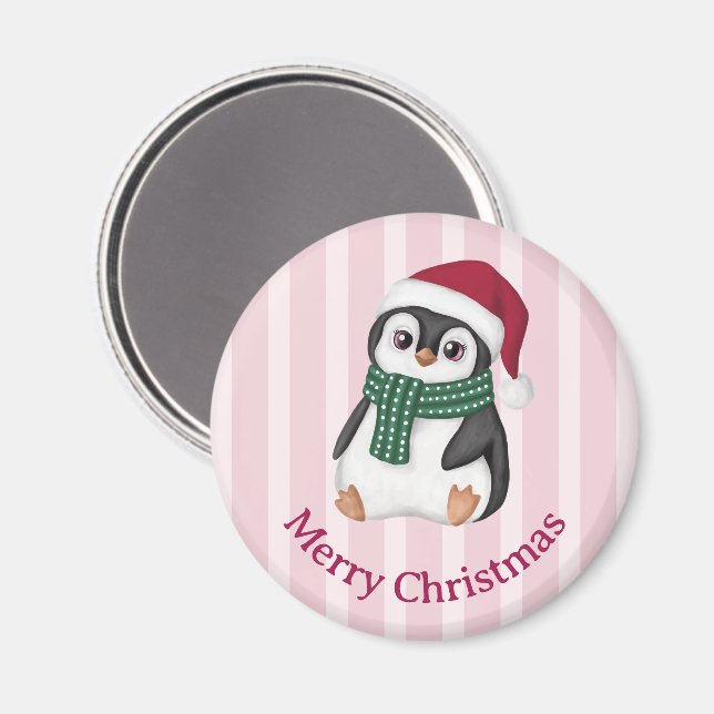 Imán Cute Baby Penguin Wearing Santa Hat Christmas (Anverso/Reverso)