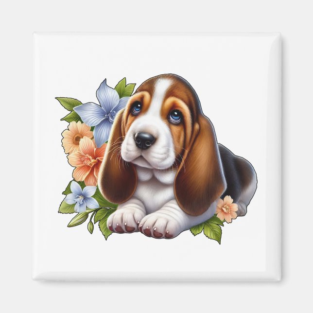 Imán Cute Basset Hound Puppy Sentado con Flores (Frente)