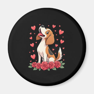 Imán Cute Beagle with Red Roses Hearts Floral Valentine