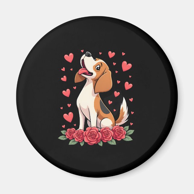 Imán Cute Beagle with Red Roses Hearts Floral Valentine (Frente)