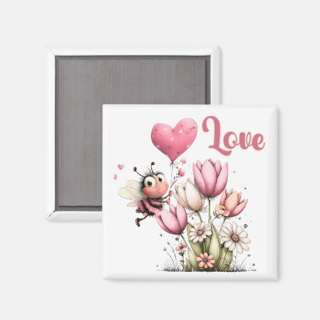 Imán Cute Bee Love Heart Balloon Spring Flowers (Anverso/Reverso)