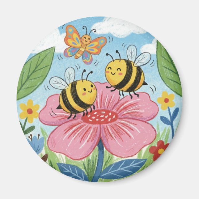 Imán Cute Bee Whimsical Flower Garden (Frente)