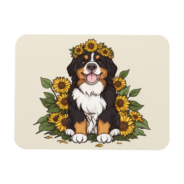 Imán Cute Bernese Mountain Dog Wearing Sunflower Crown (Horizontal)