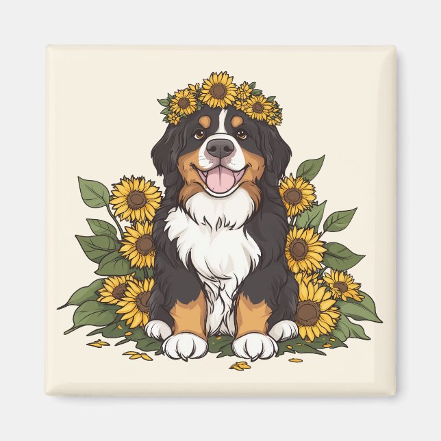 Imán Cute Bernese Mountain Dog Wearing Sunflower Crown (Frente)