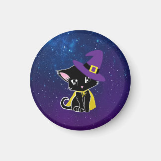 Imán Cute Black Cat Wizard Under the Stars Keychain