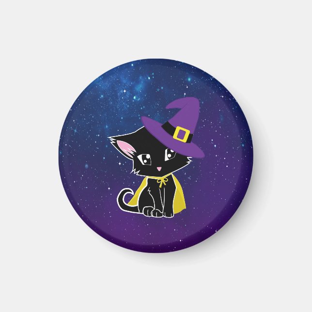 Imán Cute Black Cat Wizard Under the Stars Keychain (Frente)