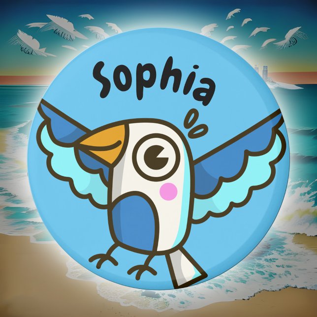 Imán Cute Blue Seagull Sea Bird Niños Nombrar Escuela L (Cute seagull doodle kids' name sticker in ocean blue)