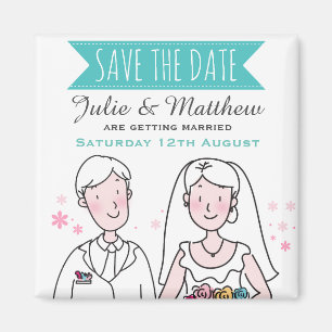 Imán Cute Boda Couple Doodle Save the Date Personalizad