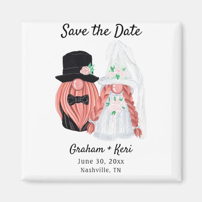 Imán Cute Boda Gnome Pareja Guardar la fecha (Frente)