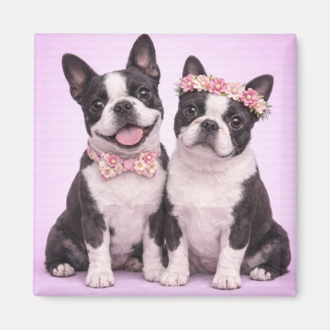 Imán Cute Boston Terrier Couple Valentine Illustration  (Frente)