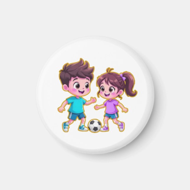 Imán Cute Cartoon Boy and Girl Playing Soccer Together  (Frente)