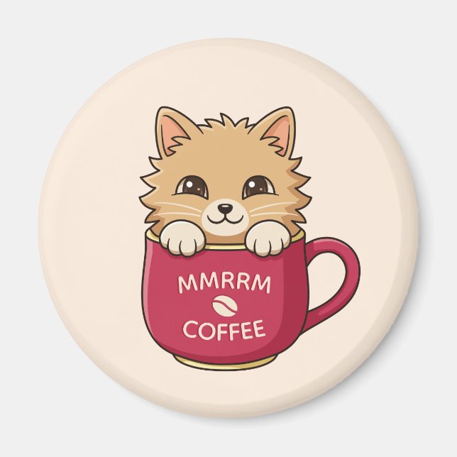Imán Cute Cartoon Cat Coffee Mug Beige Custom Text (Frente)