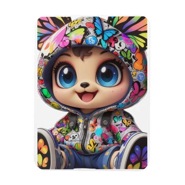 Imán Cute Chibi Bear in Graffiti Butterfly Hoodie - Kaw (Vertical)