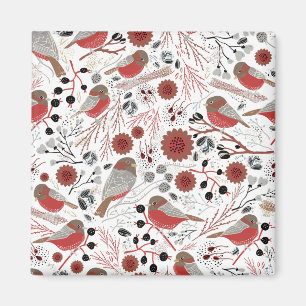 Imán Cute Chickadees Rojo Patrón Gris Floral
