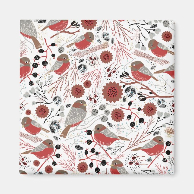 Imán Cute Chickadees Rojo Patrón Gris Floral (Frente)
