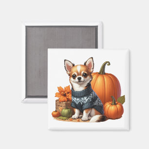 Imán Cute Chihuahua con suéter con calabazas 