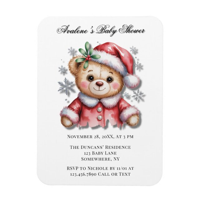 Imán Cute Christmas Bear and Snowflakes Baby Shower (Vertical)