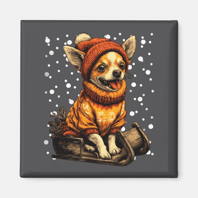 Imán Cute Christmas Chihuahua Sledding In Snow Funny Wi (Frente)