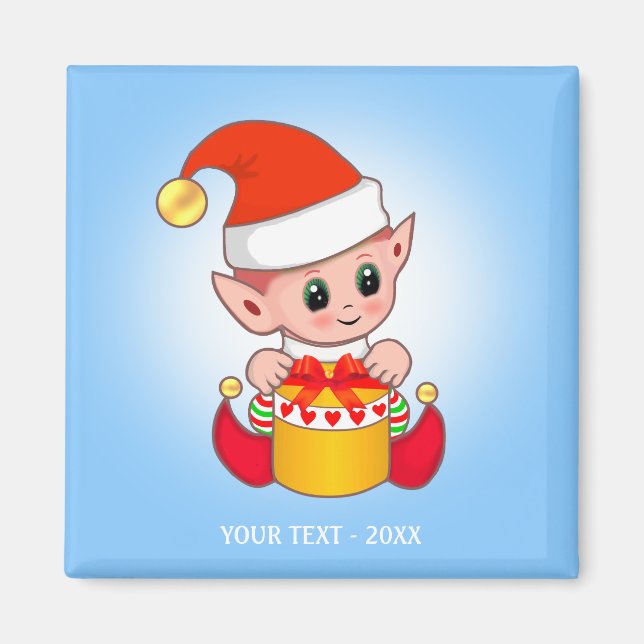 Imán Cute Christmas Elf & Tu Texto en Azul Claro (Frente)