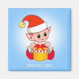 Imán Cute Christmas Elf y tu texto en azul claro