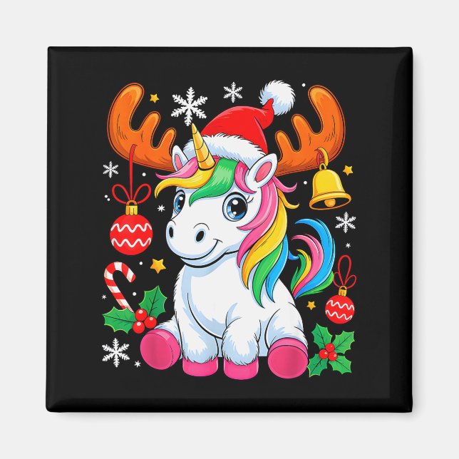Imán Cute Christmas Girls Women Xmas Unicorn Deer Xmas  (Frente)