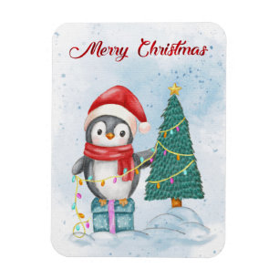 Imán Cute Christmas Penguin Decorating Tree with Lights