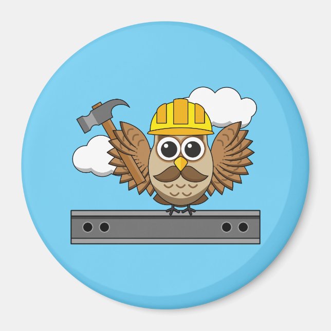 Imán Cute Construction Worker Owl with Hard Hat Cartoon (Frente)