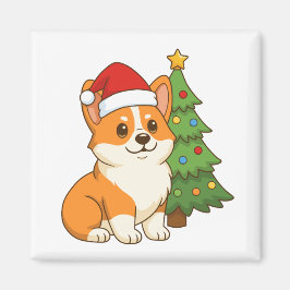 Imán Cute Corgi Dog in a Red Hat with Christmas Tree