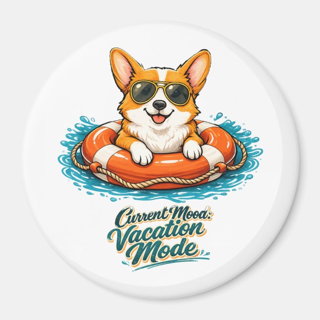 Imán Cute Corgi "Vacation Mode" Summer Design (Frente)