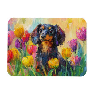 Imán Cute Dachshund Colorful Tulips Pintura