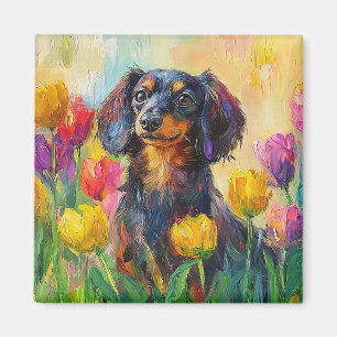 Imán Cute Dachshund Colorful Tulips Pintura