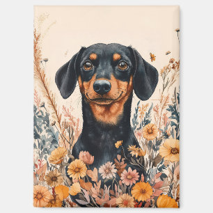 Imán Cute Dachshund con pintura de flores silvestres