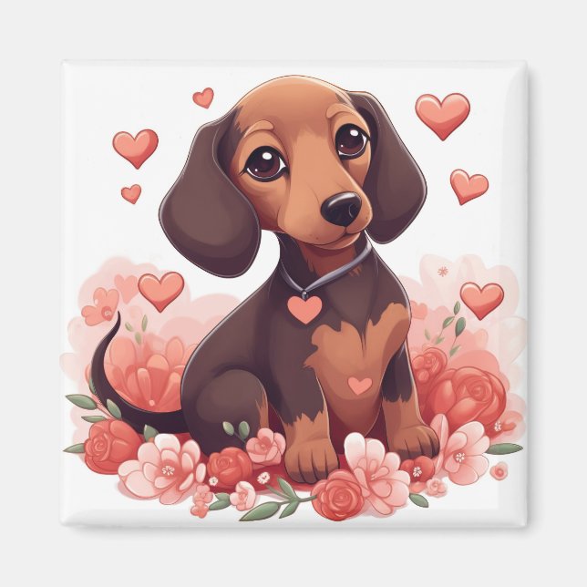 Imán Cute Dachshund Cuppy con Corazones (Frente)