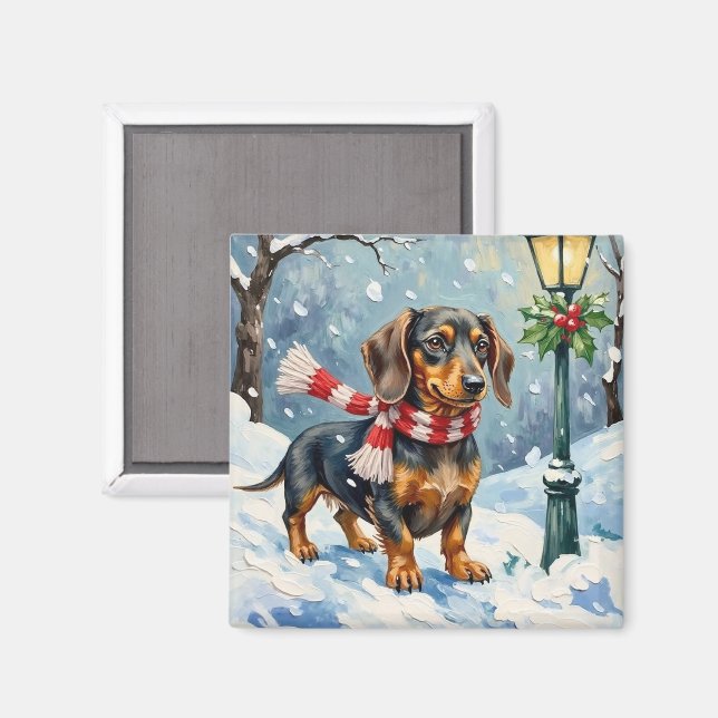 Imán Cute Dachshund Puppy Cozy Winter Scarf Art (Anverso/Reverso)