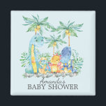 Imán Cute dinosaurios Baby Shower Favor Magnet<br><div class="desc">Escena de la jungla colorida,  bonitos dinosaurios con una agrupación de dinosaurios con palmeras y hojas de la jungla,  colocados en un fondo azul para una ducha de bebé para niños.</div>