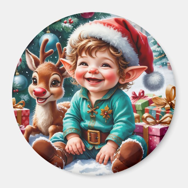 Imán Cute duende de Navidad y reno (Frente)