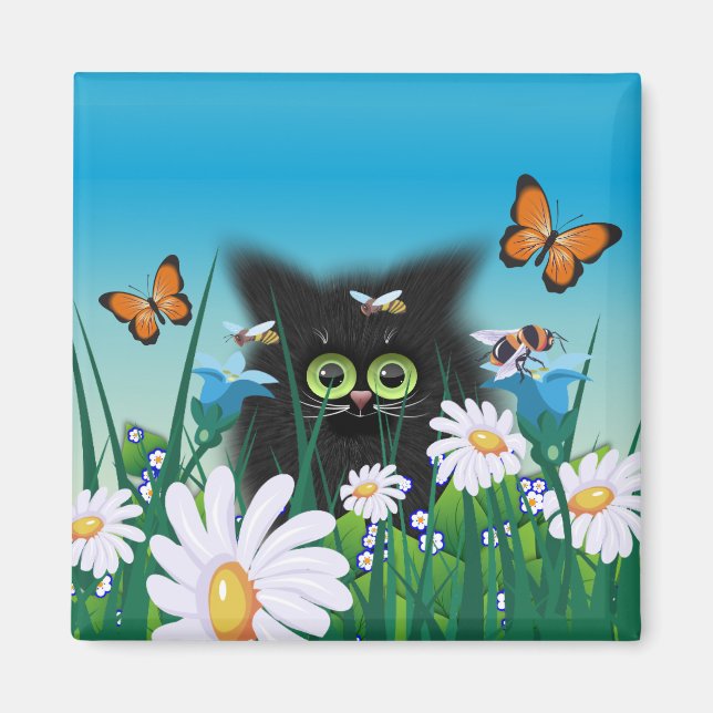 Imán Cute Fluffy Black Kitten y Daisies Art (Frente)