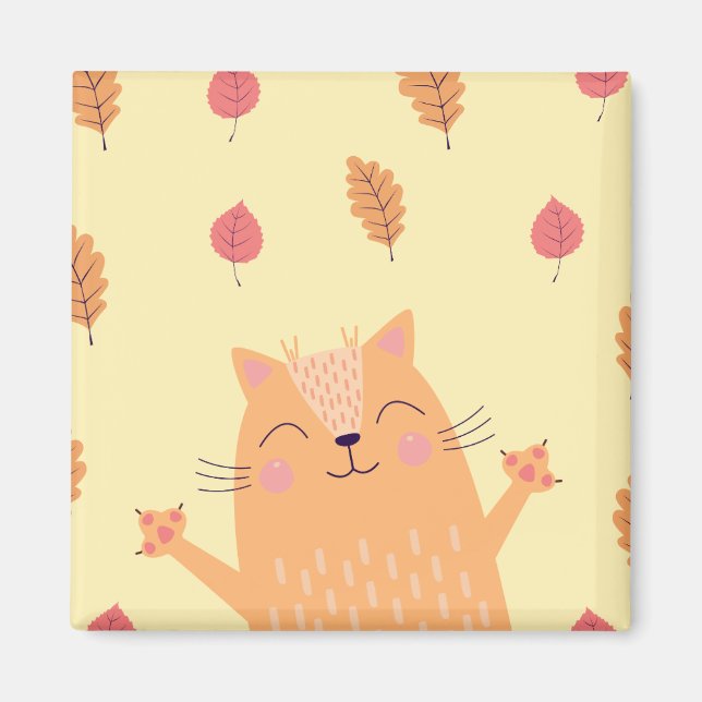 Imán Cute Ginger Orange Cat Playing in Autumn Leaves (Frente)