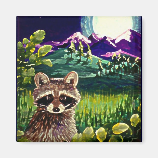 Imán Cute gracioso Raccoon Moon Mountains Creationarts  (Frente)