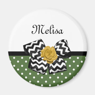 Imán Cute Green Dots Yellow Rose Chevron Bow and Name