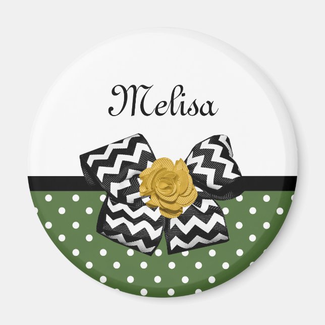 Imán Cute Green Dots Yellow Rose Chevron Bow and Name (Frente)