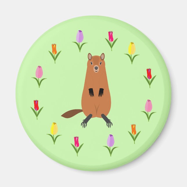 Imán Cute Groundhog y Tulip Flowers (Frente)