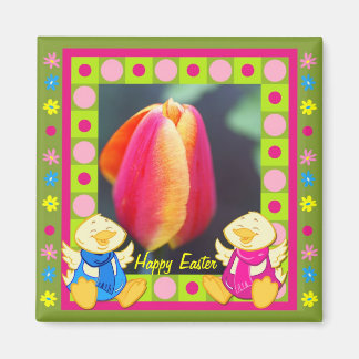 Imán Cute Happy Easter con pollos y tulipanes