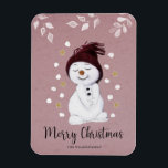 Imán Cute Happy Snowman Pink Christmas Holiday<br><div class="desc">This very cute Christmas magnet features a cute adorable snowman enjoying the snow.
The text "Merry Christmas" is set in a trendy and playfull  script font.</div>