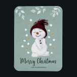 Imán Cute Happy Snowman Winter Blue Christmas<br><div class="desc">This very cute Christmas magnet features a shy little snowman enjoying the snow.
The text "Merry Christmas" is set in a trendy and playfull  script font.</div>